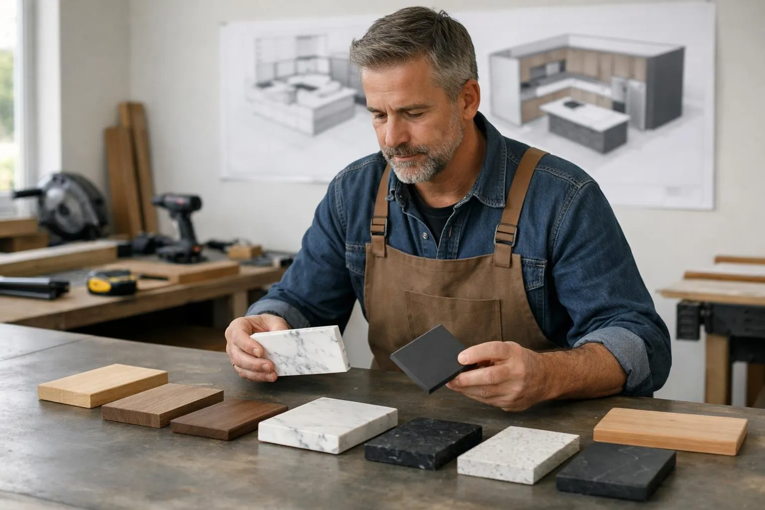 Artisan menuisier suisse dans atelier moderne examinant échantillons de bois massif, marbre et Dekton disposés sur grande table de travail, plans 3D de cuisine affichés sur écran en arrière-plan, outils de précision visibles, lumière naturelle, ambiance professionnelle et technique