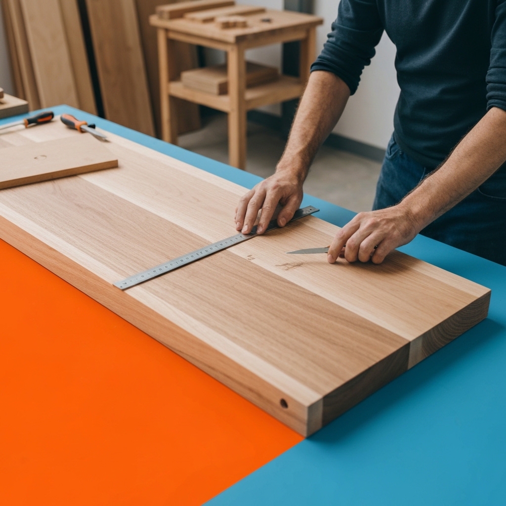 Gros plan des mains d'un artisan mesurant et marquant un panneau de bois massif de qualité dans un atelier lumineux, avec des outils et des échantillons de bois visibles sur l'établi.