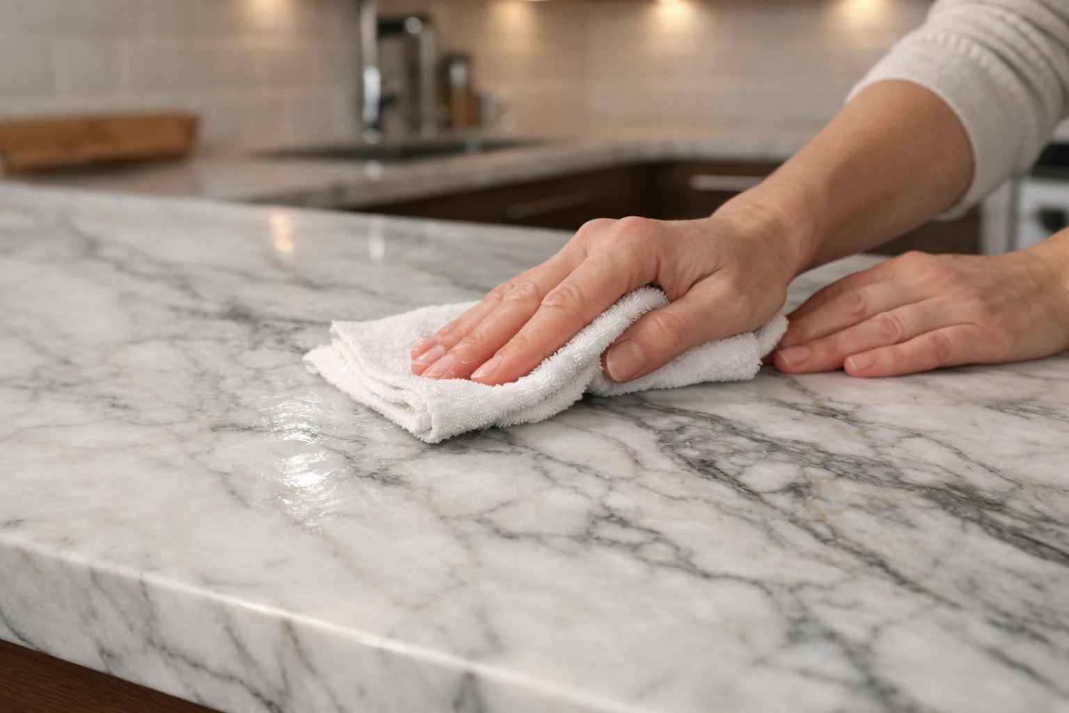 Gros plan sur des mains nettoyant délicatement un plan de travail en marbre de cuisine de luxe avec un chiffon microfibre doux, révélant le veinage naturel et la surface polie de la pierre, avec un éclairage chaud de cuisine en arrière-plan.