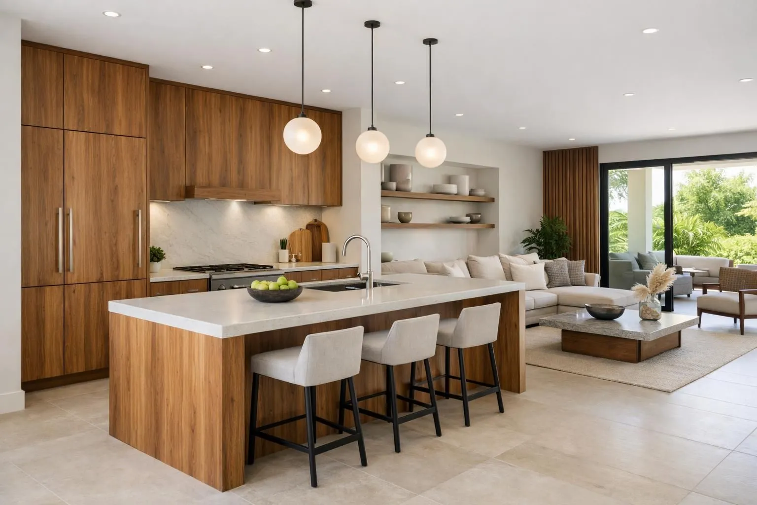 Intérieur de cuisine de villa moderne avec armoires en bois sur mesure et îlot, finitions haut de gamme, lumière naturelle par grandes fenêtres, plans de travail en pierre, aménagement ouvert sur l