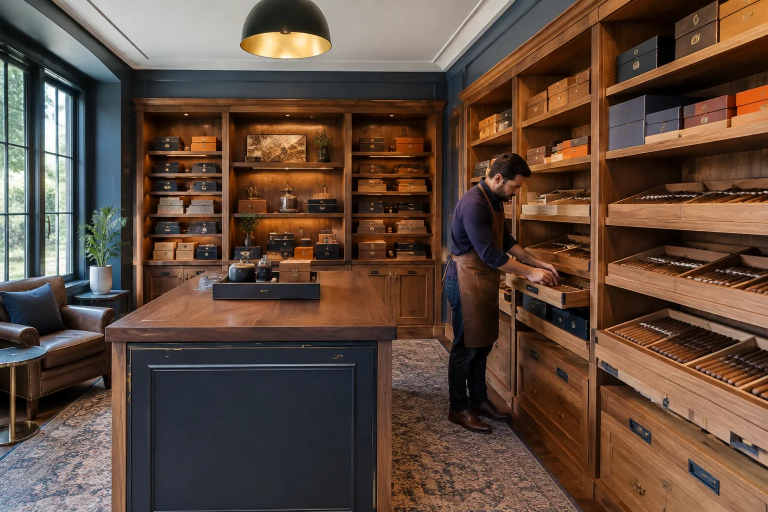 Humidor haut de gamme avec vendeur rangeant des cigares.