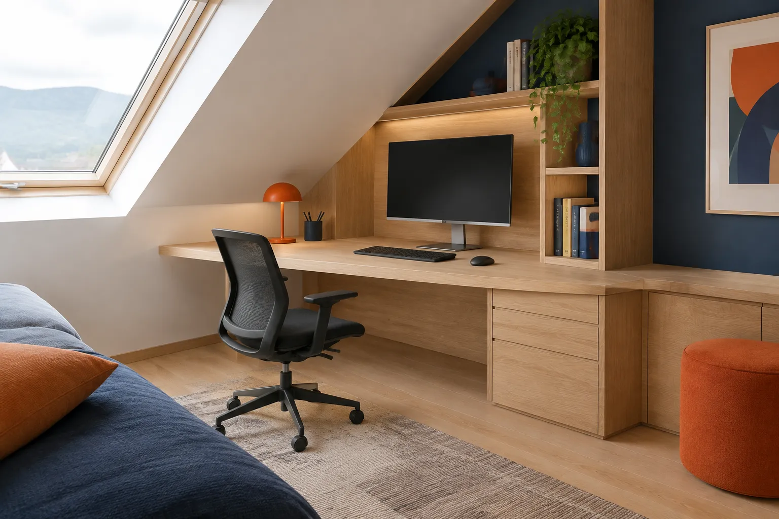 Bureau mansardé en bois avec écran, plante et fauteuil ergonomique