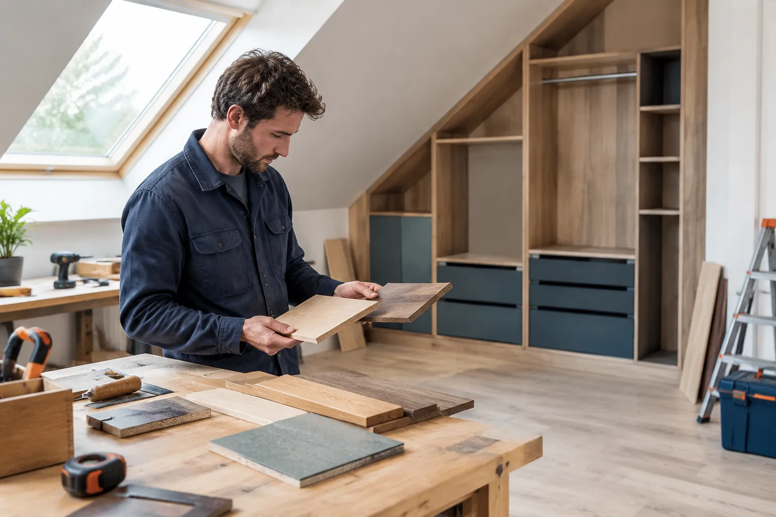 Artisan choisissant des panneaux de bois dans un dressing mansardé en rénovation