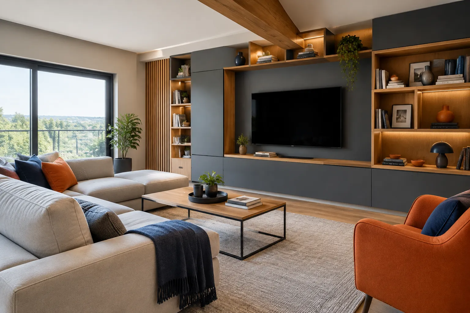 Salon moderne avec meuble TV intégré, canapés et vue panoramique