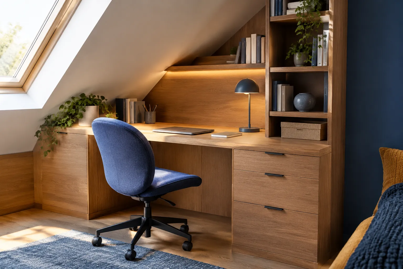 Bureau mansardé en bois avec chaise bleue et étagères intégrées