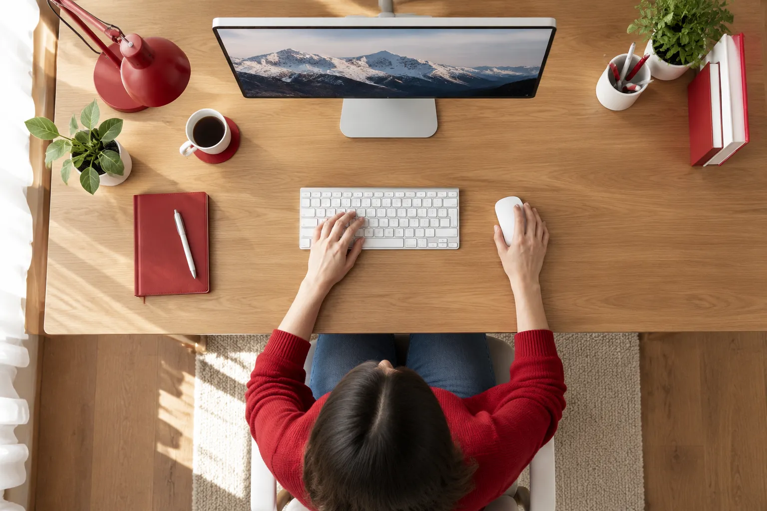 Personne travaillant à un bureau, ordinateur, clavier et café