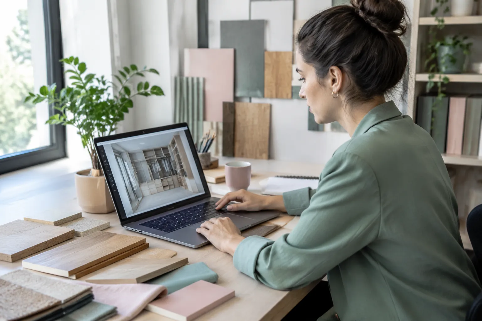 Architecte travaillant sur ordinateur portable, échantillons de matériaux sur bureau