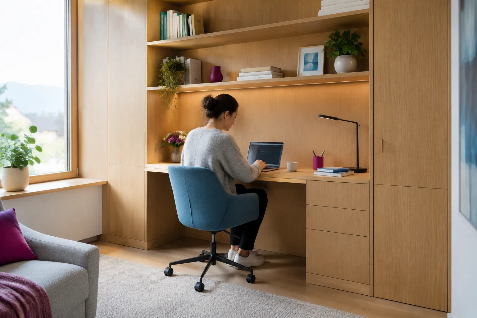 Femme travaillant sur ordinateur dans un bureau intégré en bois